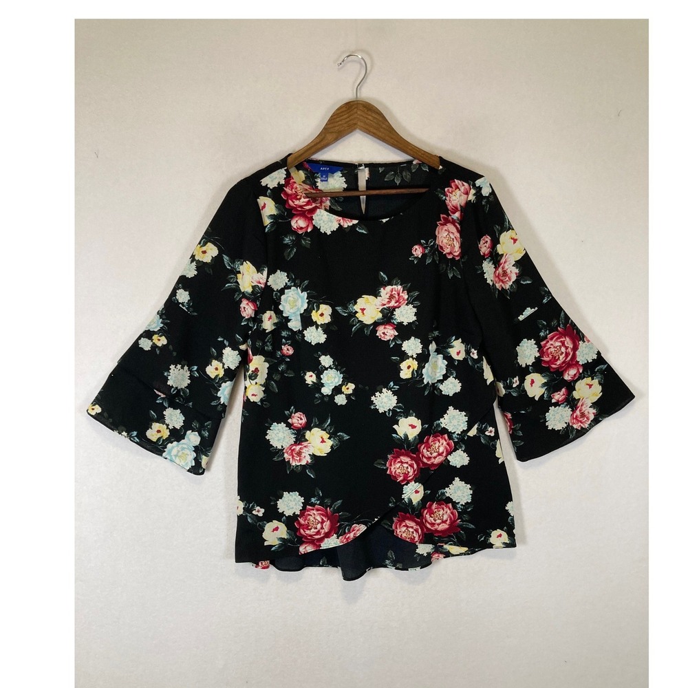 Romantic Floral Apt. 9 Womens Medium Black Bell Sleeve Tulip Hem Blouse Top